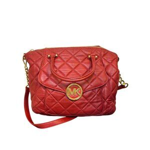 Michael Kors Red Quilted Leather Shoulder Handbag With Gold Chain Strap